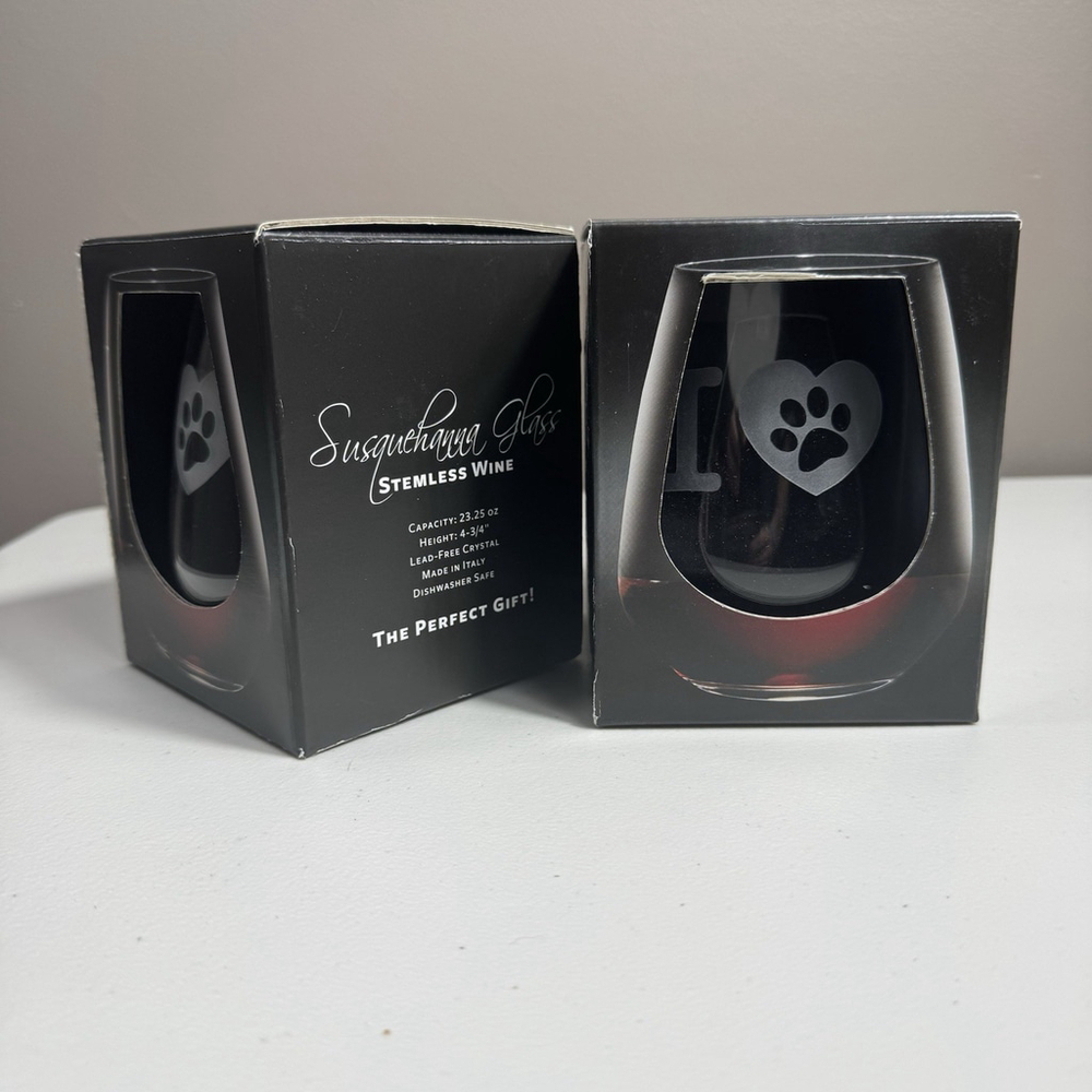 Set of 2 Susquehanna Glass Stemless Wine Glasses I Love Dogs Paw Print Dog Lover